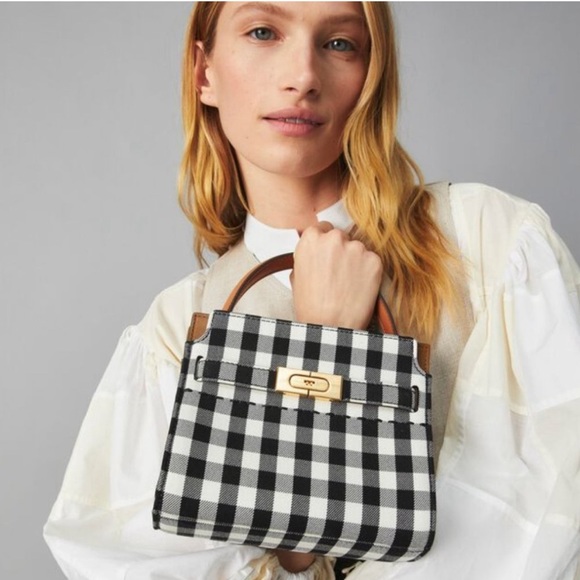 NWT Tory Burch Lee Radziwill gingham petite double bag BLACK/NEW IVORY GINGHAM - Picture 8 of 8